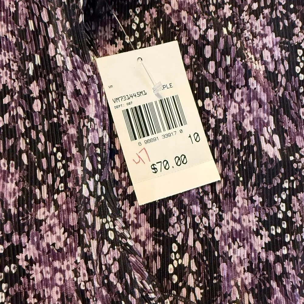 Connected Apparel Purple Abstract Tiered Dress | Pleated Midi | Size 10 NWT